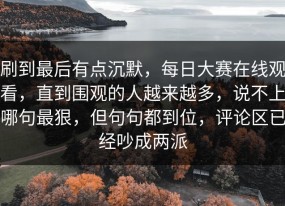 刷到最后有点沉默，每日大赛在线观看，直到围观的人越来越多，说不上哪句最狠，但句句都到位，评论区已经吵成两派